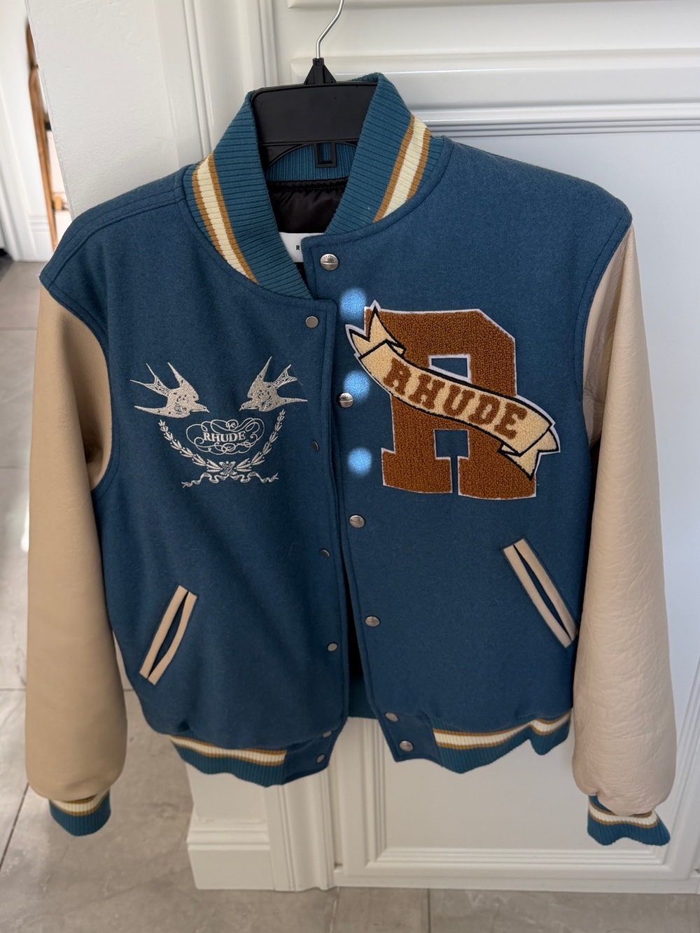 Rhude Blue and Cream Varsity Letterman Jacket